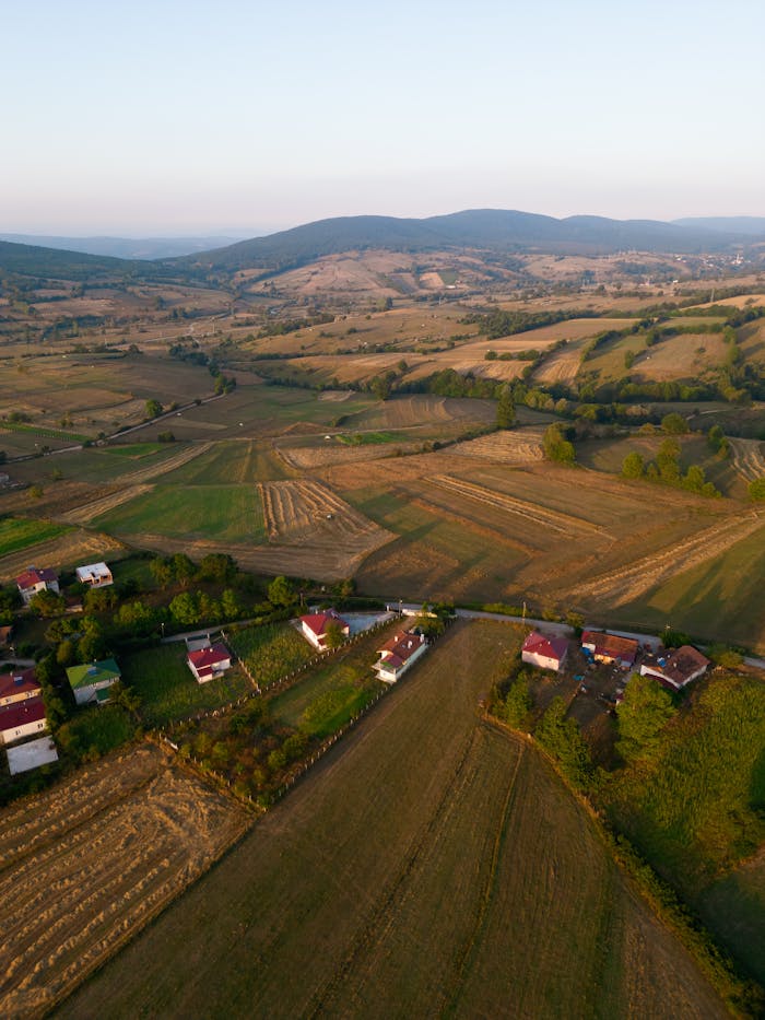 Aerial shot of picturesque countryside with farmlands and scattered houses during summer.