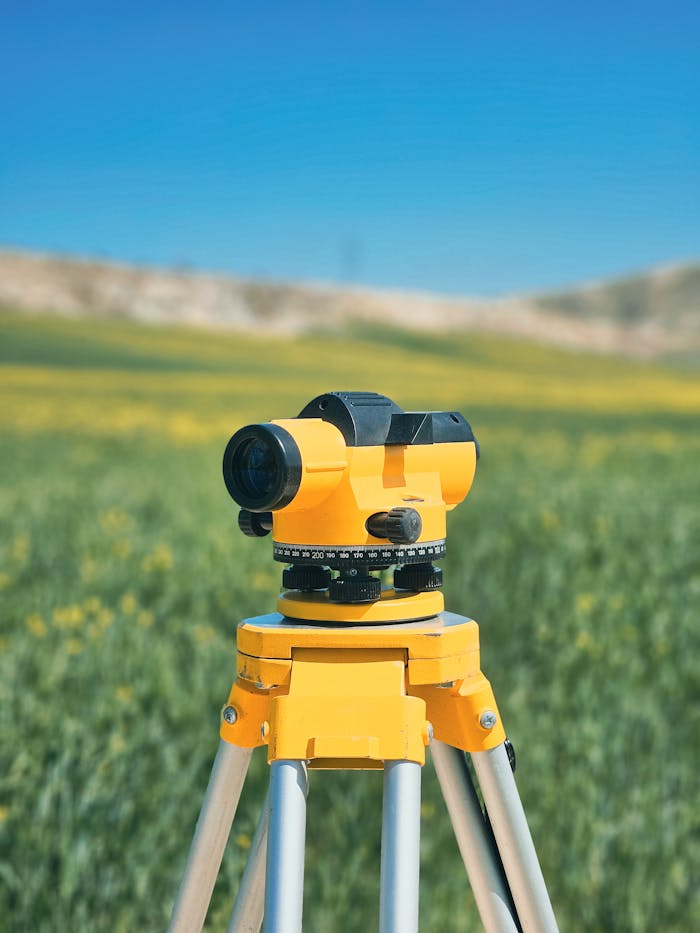 A surveyor tripod with a yellow level in a green countryside field under a clear blue sky.