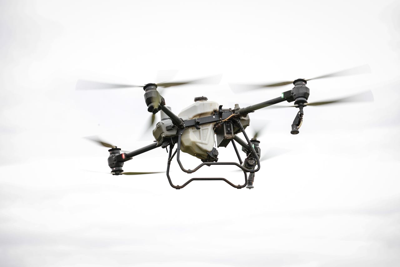 High-tech drone used for agricultural purposes, showcasing modern farming technology.